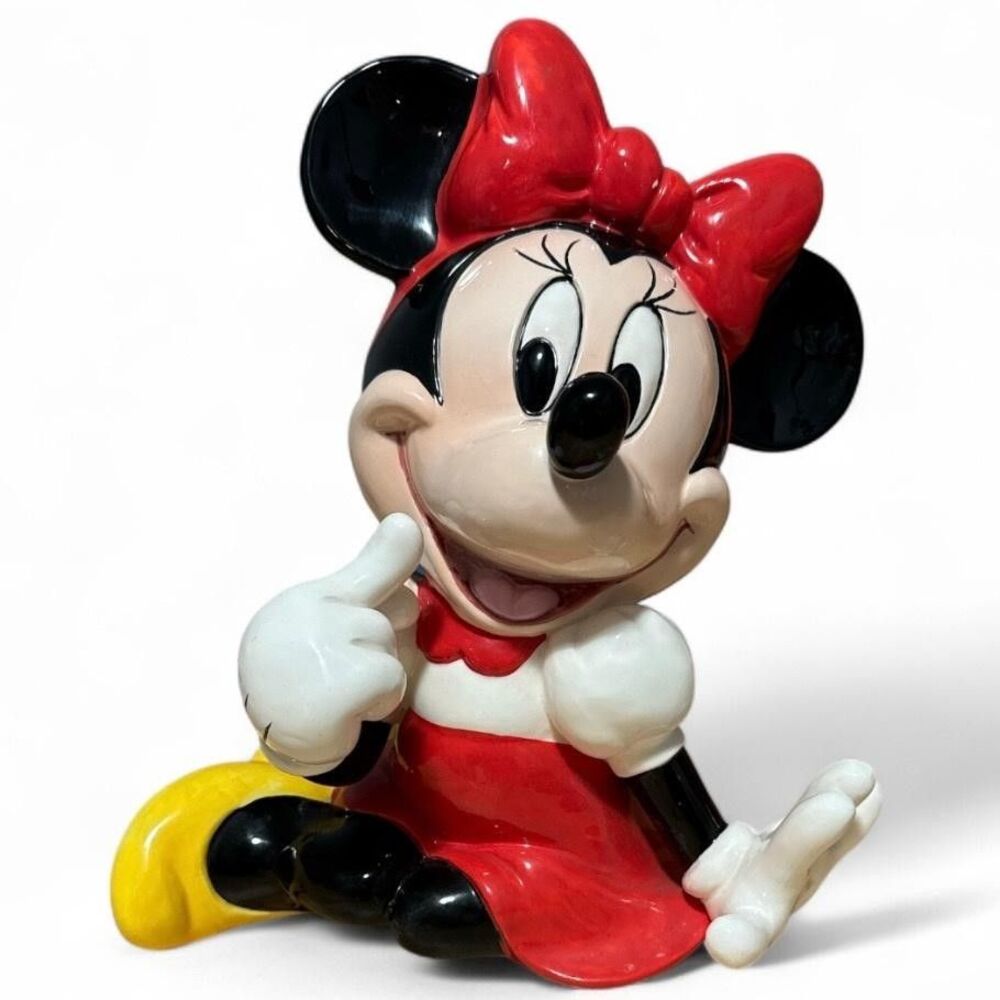 Vintage Disney Minnie Mouse Ceramic Music Box Figurine Red Bow Wind Up- Works